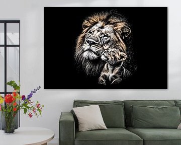 Lion and cub black and white art
