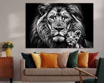 Lion et louveteau en noir et blanc ;