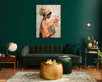 Afrikaanse Vrouw met Hoofddoek en Bloemen