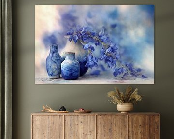 Nature morte avec céramique et glycine – nature douce et forme de vase sereine dans des tons pastel sur Joriali photographie et peintures