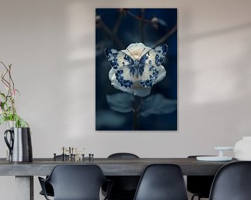 Papillon bleu de Delft sur rose 1