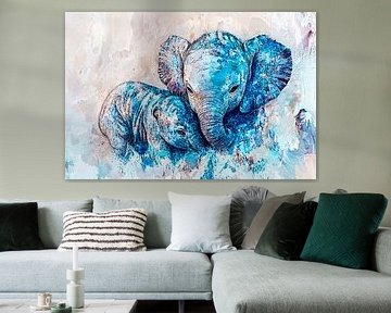 "Mother and baby elephant in blue" by Art & Soul Creations