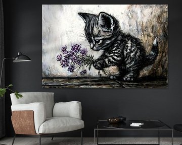 Kat met bloemen in haar poot