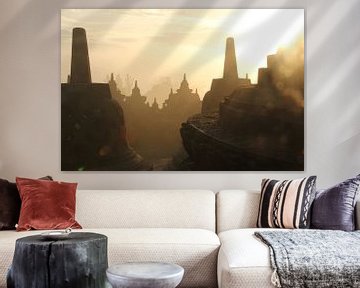 Borobudur bij zonsopkomst op Java, Indonesïe van Linda Baart | lindabaartkunst