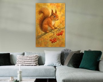 Herbst Eichhörnchen (AI) (Aquarell Herbstfarben rot braun Beeren Wald Zweig Malerei Tiere)