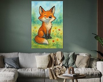 Der glückliche Fuchs (AI) (lachendes Tier Babyzimmer verspielt Cartoon-Stil süß niedlich Aquarellmalerei)