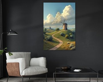Dutch Hill Countryside with Windmill