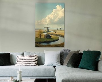 Dutch Polder landscape with mills and canal