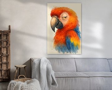 Grappige papegaai (AI) ( close-up vogel kleurrijk kinderkamer aquarel schilderij tropisch jungle dieren humor exotisch geelvleugel ara) van Natalie Bruns
