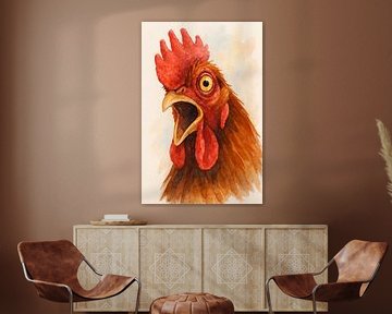 Wat zie ik nou?! (AI) (Verbaasde haan close-up kop grappig humor kippenkunst aquarel schilderij blikvanger boerderijdier) van Natalie Bruns