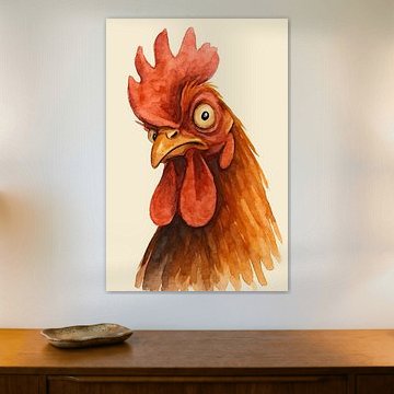 WAT zei je?! (AI) ( bijdehand haan grappig humor aquarel schilderij close-up kop komisch brutaal kip)