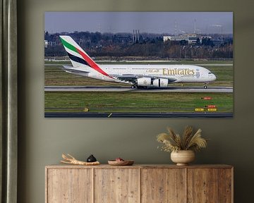 Emirates Airbus A380 lands at Flughafen Düsseldorf.