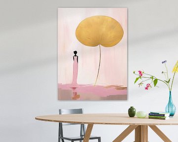 Japandi, woman and Lotus flower in Pink and Gold by Caroline Guerain