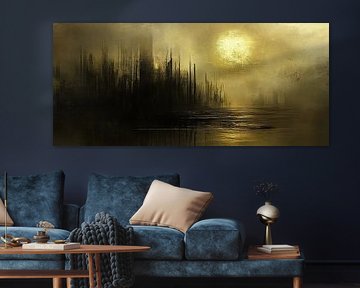 Gouden Stadsgezicht | Whispers in the Gilded Fog van Abstract Schilderij