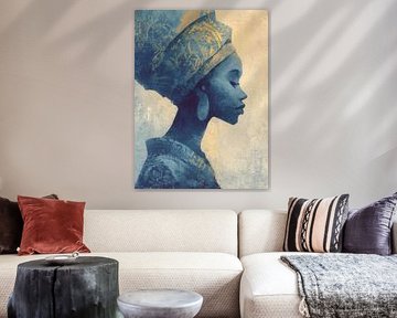 Afrikaanse Vrouw in Blauw-Gouden Hoofddoek
