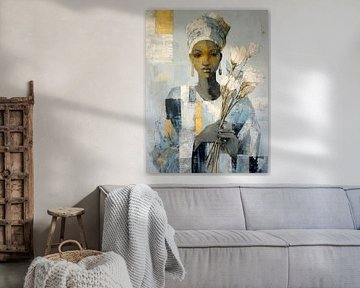 Afrikaanse Vrouw met Hoofddoek en Witte Bloemen