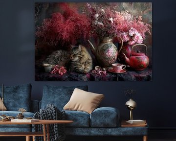 Herfst, stilleven met kat, gedroogde bloemen en vintage theepotten, warm en sfeervol van Joriali fotografie en schilderijen