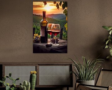 Boire du vin au coucher du soleil dans le vignoble sur Cafe Noir
