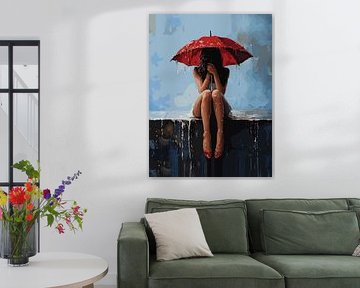 Emotionales Frauenportrait mit rotem Regenschirm von Ramy Salah Hefny