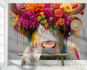 Bunter schottischer Highlander mit Blumenkrone