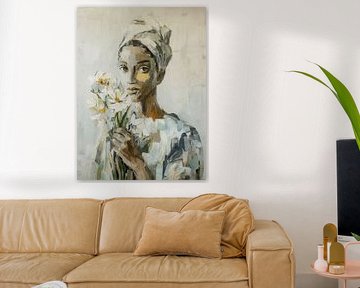 Woman with Flowers and Headscarf