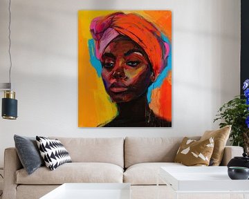 Krachtig abstract vrouwenportret met neonkleuren van Digatelier