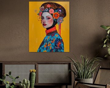 Buntes Frauenporträt mit Blumen und Mustern