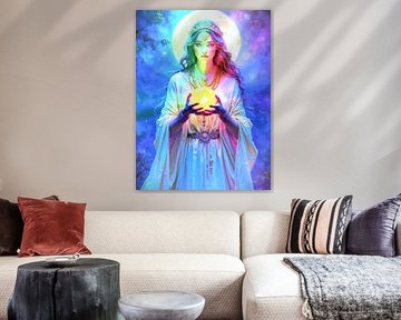 La jolie diseuse de bonne aventure dans l'éclat de la boule de cristal sur A.D. Digital ART