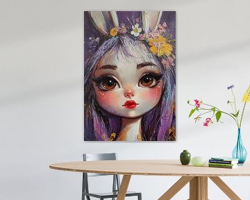 Vrouw Portret met Bloemen en Konijnenoren van Blikvanger Schilderijen
