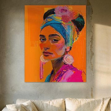 Fröhliches buntes Porträt mit Blumen und Turban