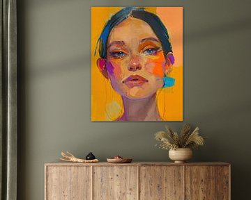 Portrait de femme aux accents orange et bleus sur Digatelier