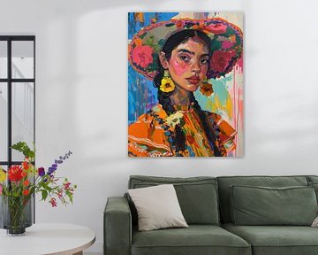 Portrait coloré d'une femme mexicaine avec des fleurs sur Digatelier