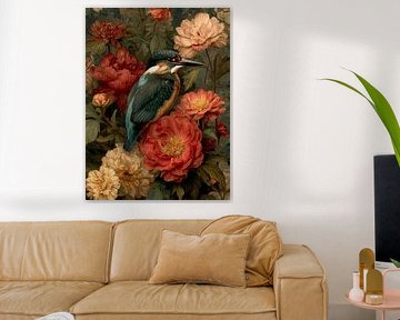 Kingfisher among Blooms - Vintage Botanical Portrait