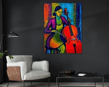 Vrouw speelt cello abstracte kunst van MIROKKU