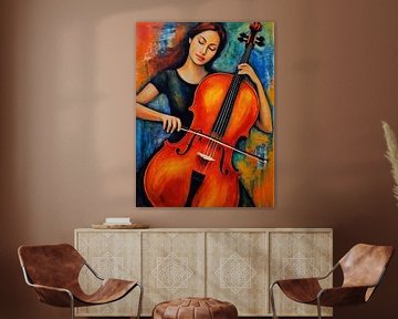 Vrouw speelt cello abstracte kunst van MIROKKU