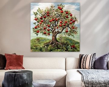 Borduurnaald afbeelding appelboom rode appels gedetailleerd kleurrijk