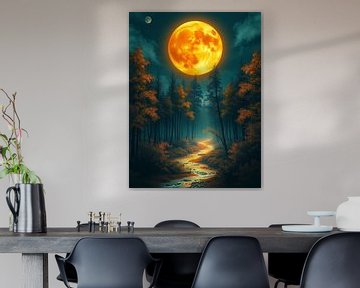 Een lichtgevende stroom leidt door oude herfstbossen onder een hemelse gloed van Artistic
