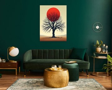 Oude boom met een silhouet tegen een felle ondergaande zon in een uitgestrekt woestijnlandschap" van Artistic