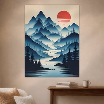 Een rustig Japans geïnspireerd landschap met nevelige valleien en stromend water