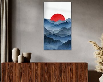 Crimson Dawn Over Misty Indigo Mountains - A Serene Zen Landscape by Artistic
