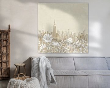 New York skyline met bloemen – minimalistische lijntekening op beige linnen van Thea