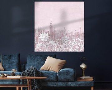 New York skyline met bloemen – minimalistische lijntekening op roze linnen van Thea