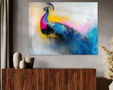 Tuin Pauw Kleurig | Moderne Pauw in Blauwe en Gele Kleur van Abstract Schilderij