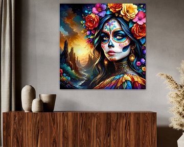 La Catrina la femme-mort entre fleur, rivière et étoiles - Une femme mexicaine sous le signe du Día de los Muertos sur le chemin silencieux entre mémoire, paysage et éternité sur AidasignArt