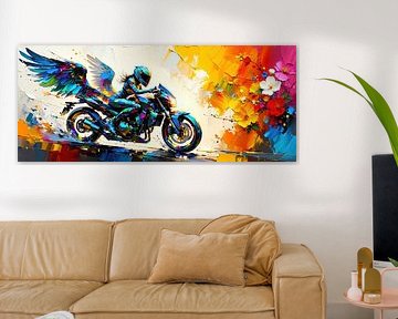 Motarde et ange de la route - Entre les ailes de la couleur et la force de la vitesse : une ode à la liberté, au courage et à l'extase picturale sur AidasignArt