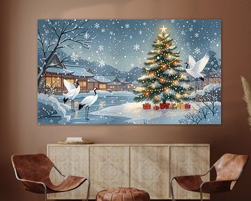 Drie Kraanvogels bij de Kerstboom