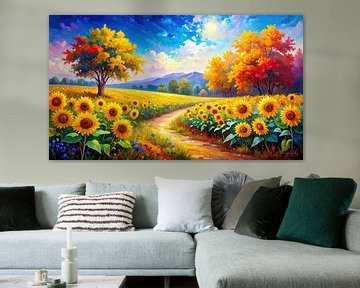 Tournesols, un chemin vers la fin de l'été - Un voyage pittoresque à travers des champs dorés, des arbres silencieux et des horizons fugaces sur AidasignArt