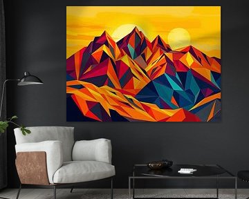 Pics géométriques vifs : Un paysage de montagne abstrait et moderne au coucher du soleil avec deux soleils