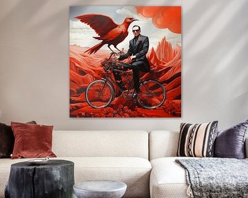 Surreal persoon fiets vogel ruig landschap mysterieus