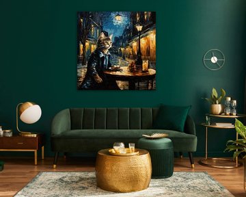 Cat and Cafe Terrace at Night Van Gogh inspired